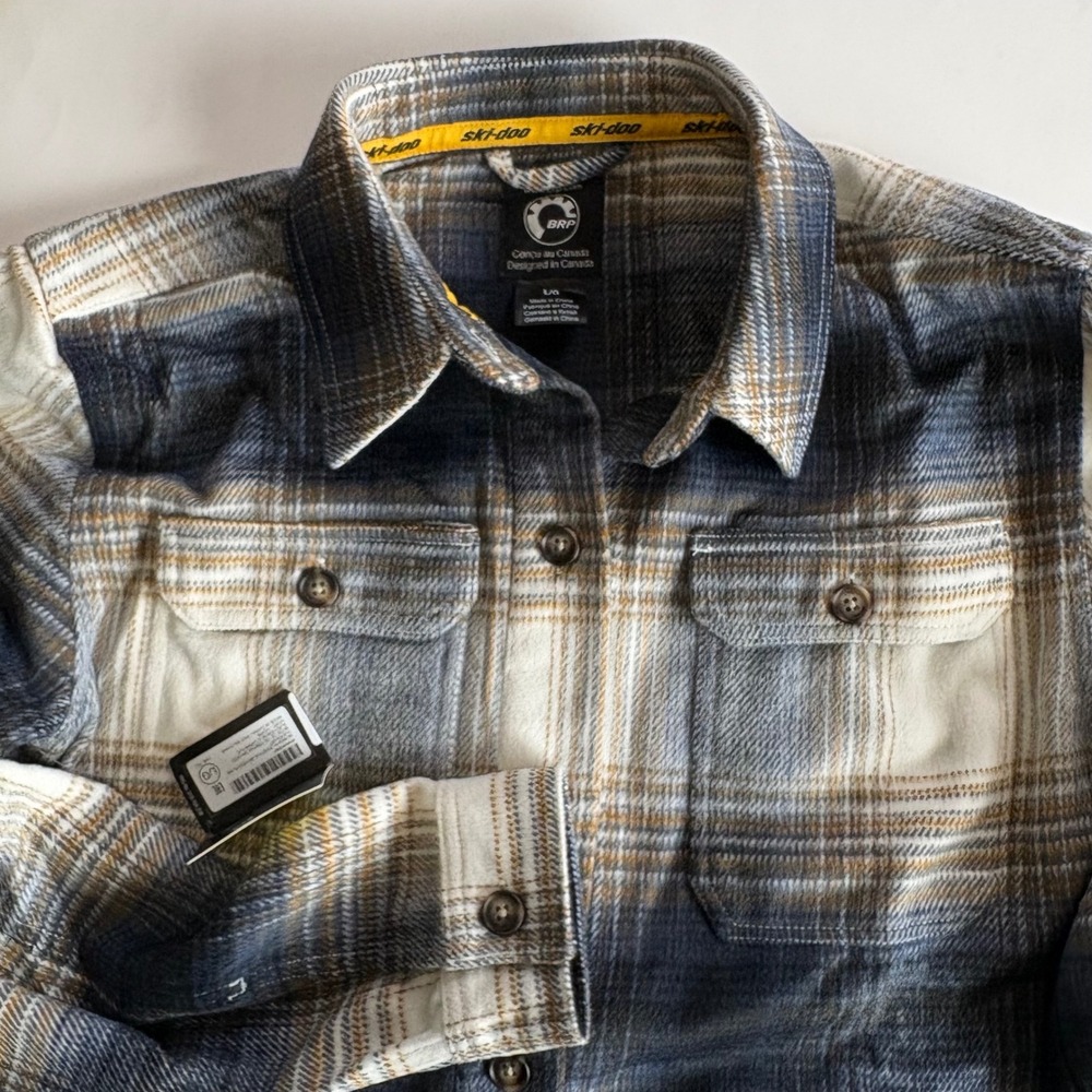 Ski-Doo Women's Large Lifestyle Plaid‎ Shacket Ivory Blue Overshirt Button NEW